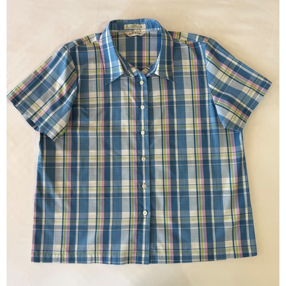Orvis Blue Plaid Short Sleeve Button Up Shirt Size 16 Carefree Cotton Blend
